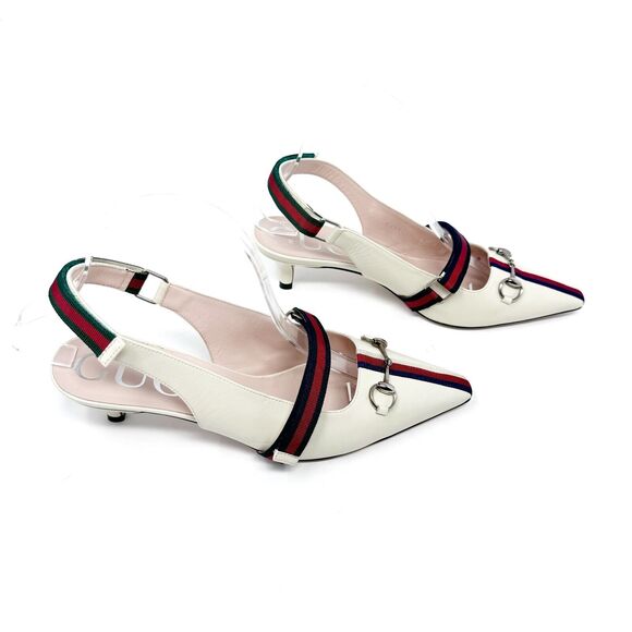 Gucci Malaga Kid Cream Web Stripe Horsebit Low Kitten Heel Slingback Pumps EU 38 - Picture 6 of 11